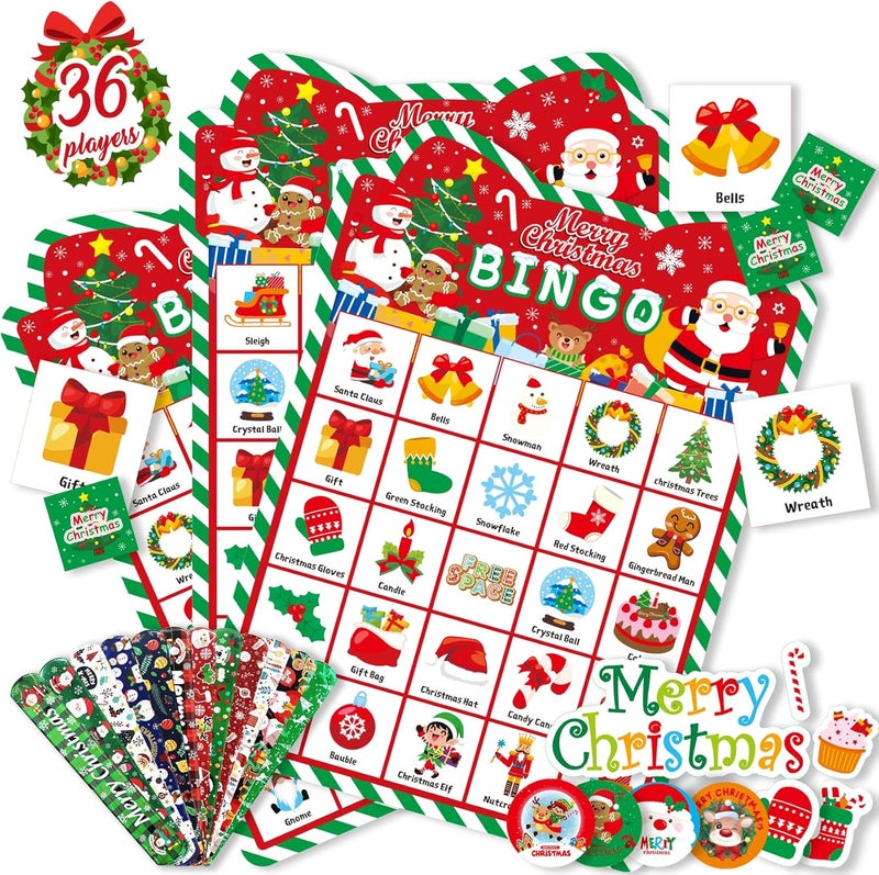 Funnlot Christmas Bingo Game - Christmas Bingo for Kids Adults, 36 Players Bingo Cards Christmas Games with Reward Stickers Christmas Slap Bracelets for Classroom Activities Family Party Favors Xmas Gifts - Image 1